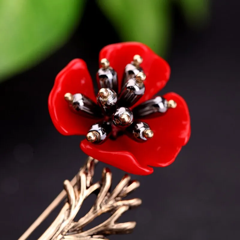 Red Flower Golden Stem Brooch