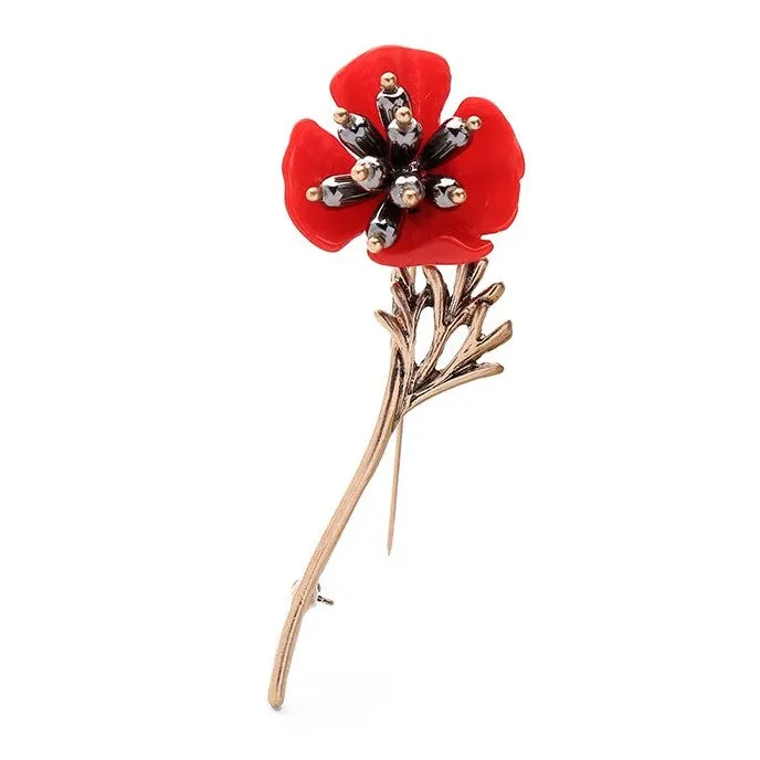 Red Flower Golden Stem Brooch