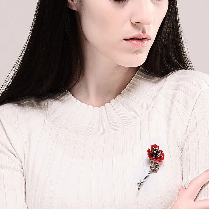 Red Flower Golden Stem Brooch