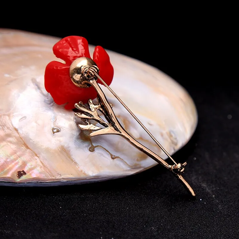 Red Flower Golden Stem Brooch