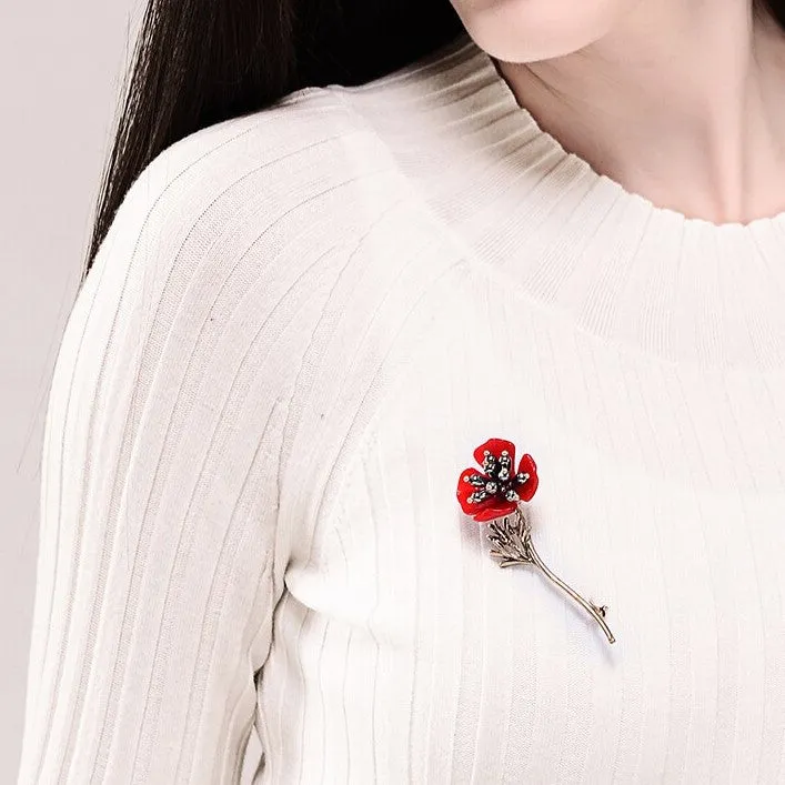 Red Flower Golden Stem Brooch