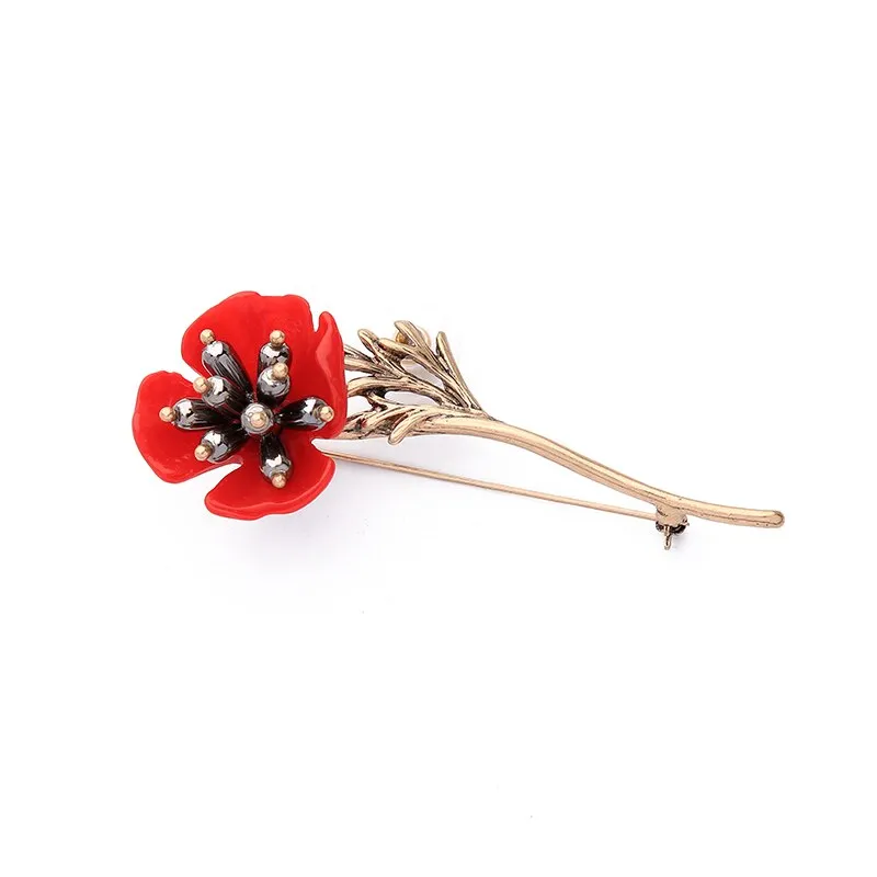 Red Flower Golden Stem Brooch