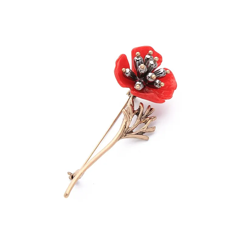 Red Flower Golden Stem Brooch