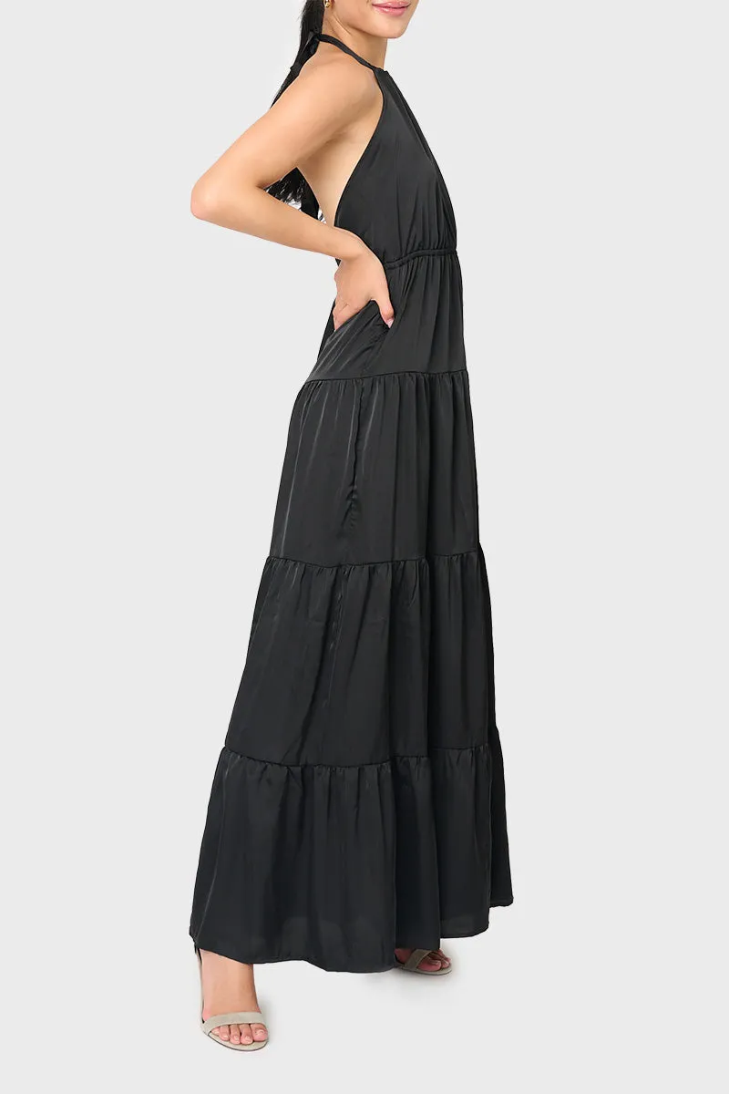 Silky Tie Back Halter Maxi Dress