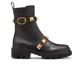 Valentino Roman Stud Calfskin Combat 40MM Black Gold Boot