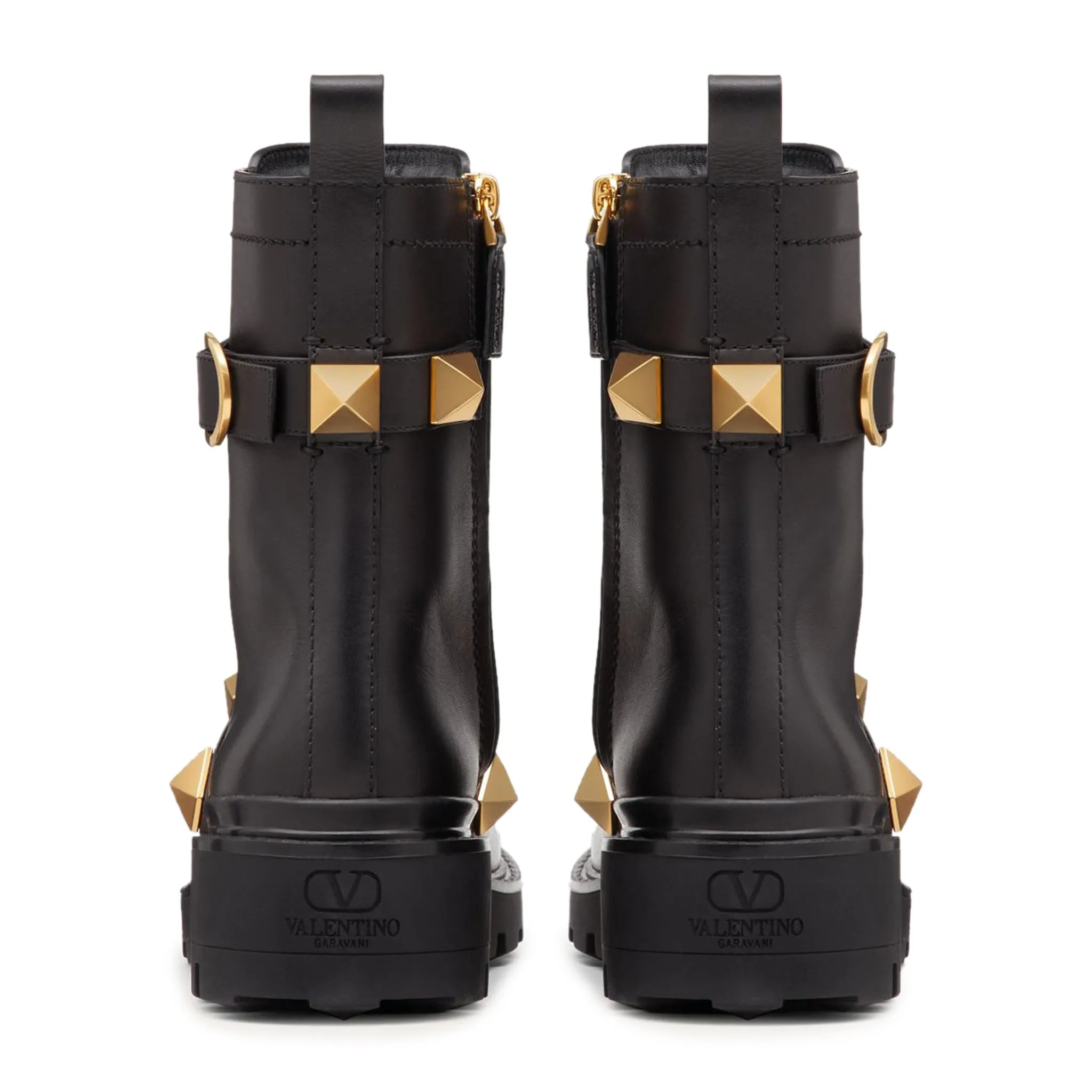 Valentino Roman Stud Calfskin Combat 40MM Black Gold Boot