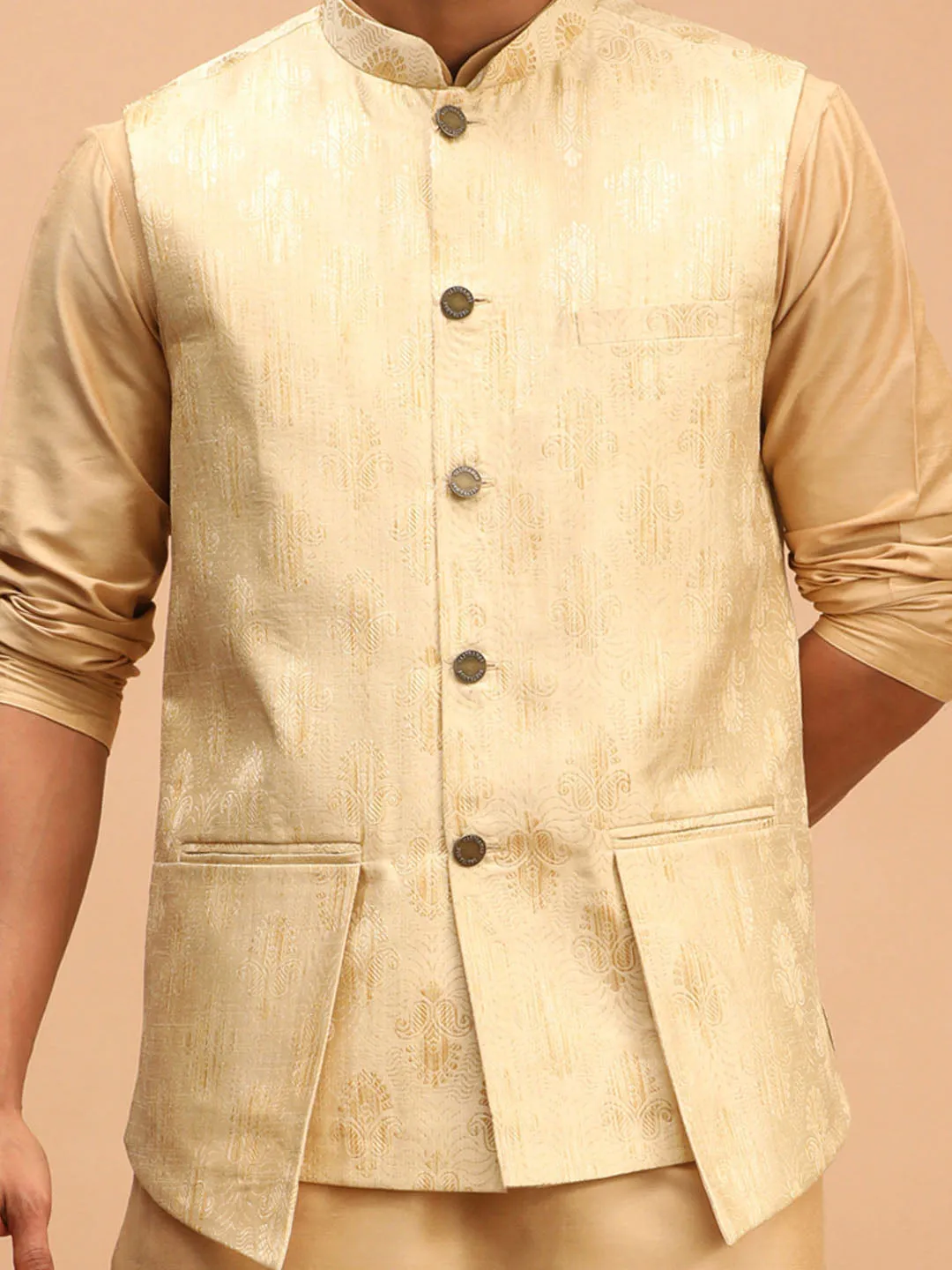 VASTRAMAY Baap Beta Jacquard Silk Double Flap Pocket Jacket Set