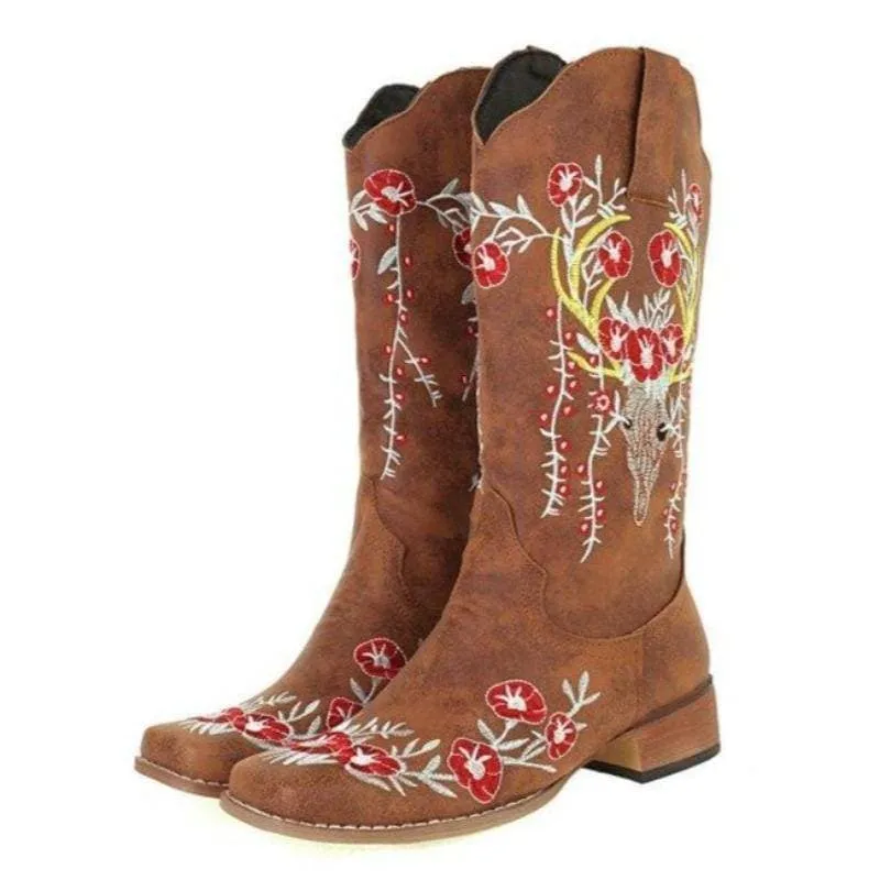 Women's Square Toe Mid Calf Western Cowboy Boots