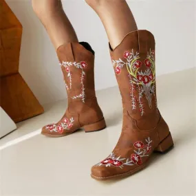 Women's Square Toe Mid Calf Western Cowboy Boots