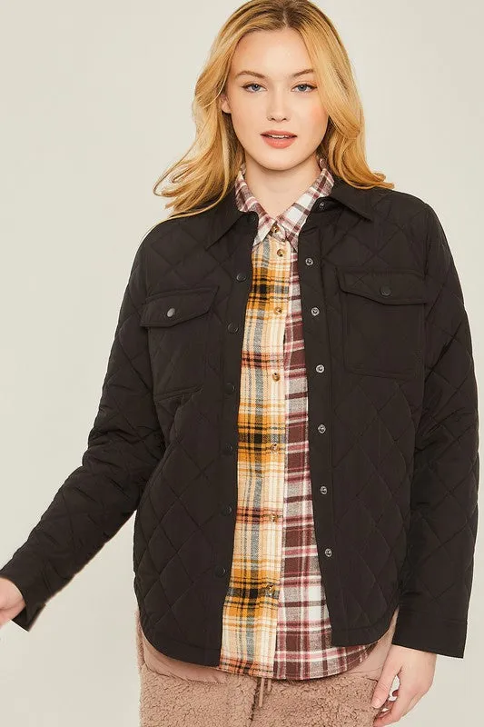 Woven Solid Quilted Pocket Shacket